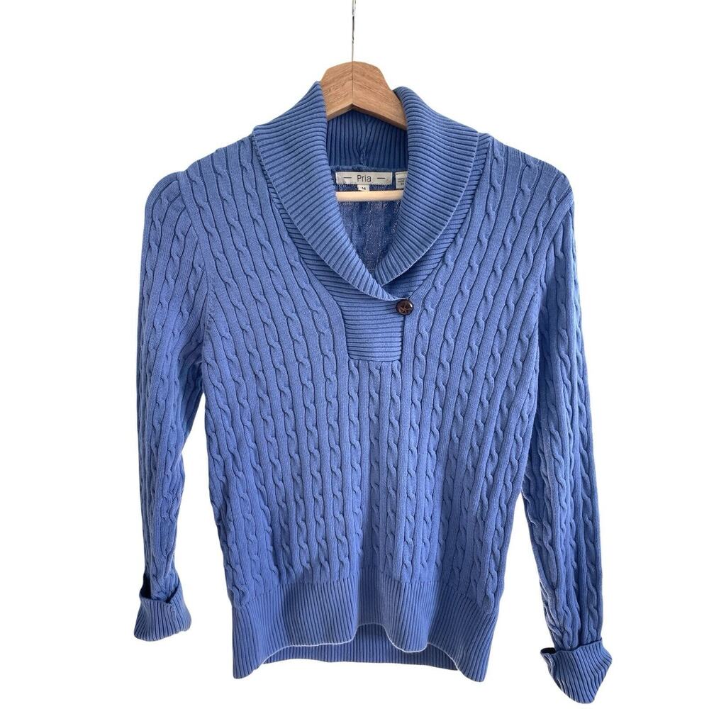 Pria Size Medium Sweater Vintage Cable Knit Periwinkle Blue 100% Cotton V-Neck